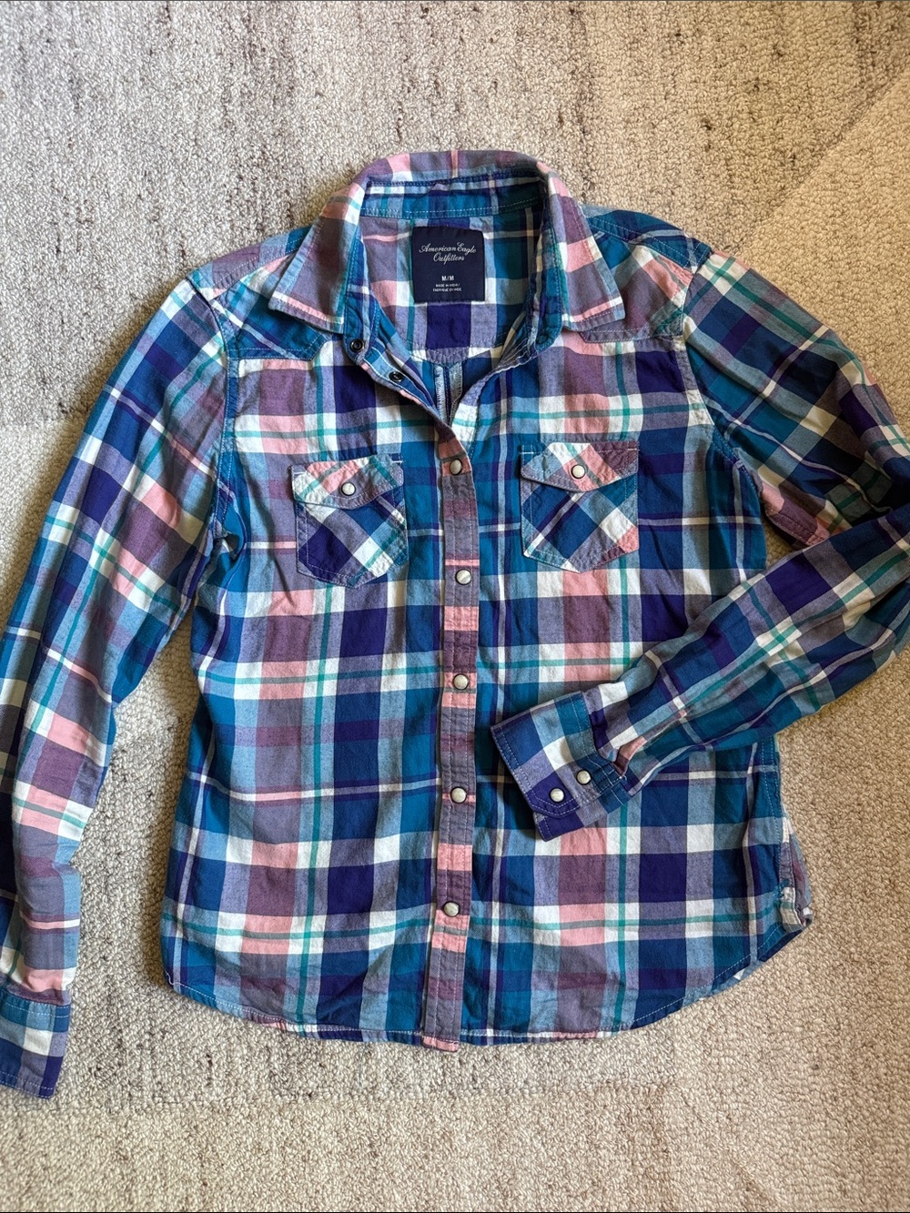 American Eagle Outfitters Teal, Navy & Pink Pearl Snap Western Plaid Shirt